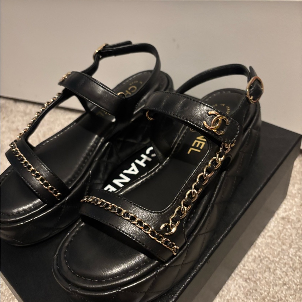 Chanel Black Leather Sandals with Gold Chain